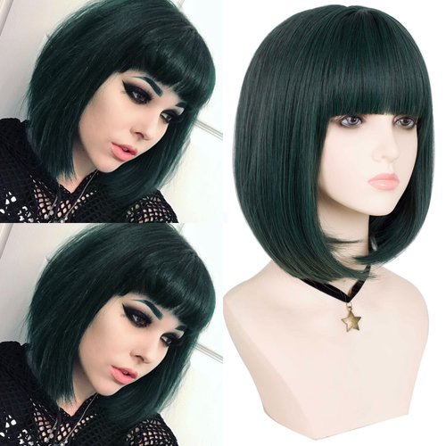 YEZHIQIU Short Bob Wigs with Bangs 11Inch Highlights Heat Resistant Synthetic Straight Full Head Hair Wig for Women Natural Looking for Daily Wear (Darkgreen#)