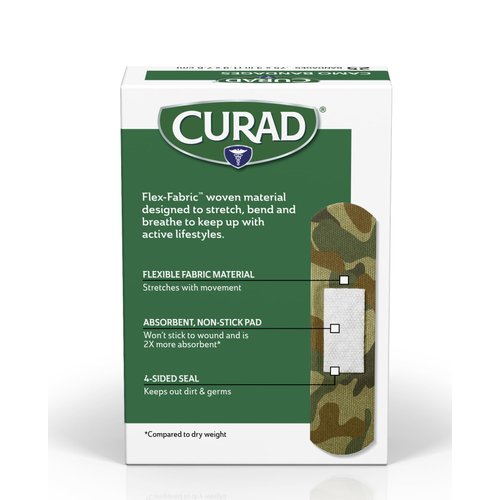CURAD Green Camo Flex-Fabric Adhesive Bandage, 3/4" x 3", 25 Count