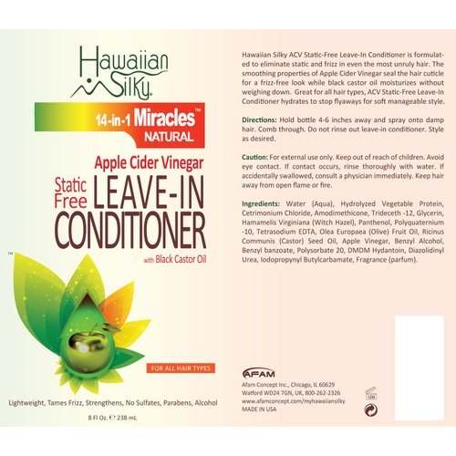 Hawaiian Silky Static-Free Apple Cider Vinegar Leave-in Conditioner, 8 fl oz - Black Castor Oil Extract for Hair Growth - Natural Treatment Men, Women & Kids - Good on Color Treated Scalp