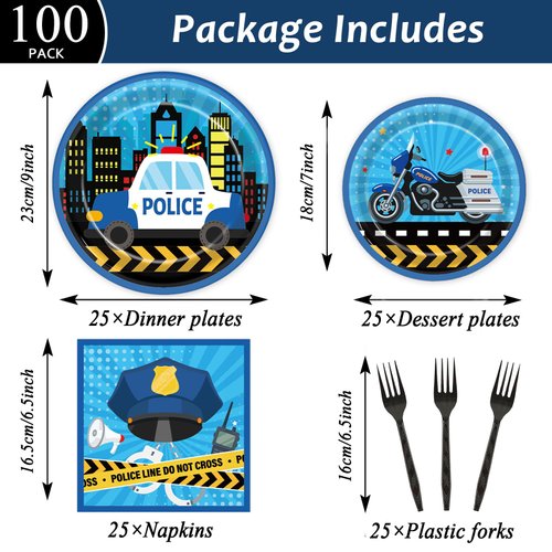 100 Pcs Police Party Plates and Napkins Party Supplies Police Birthday Party Tableware Set Police Officer and Car Party Decorations Favors for Police Theme Party Serves 25