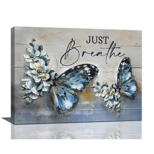 Farmhouse Blue Butterfly Flower Decor Wall Art Vintage Rustic Country Butterfly Just Breathe Pictures Wall Decor Canvas Painting Prints Artwork Home Decorations Framed for Bathroom Bedroom 16"x12"