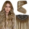 Ve Sunny Balayage Clip in Hair Extensions Real Human Hair Brown Blonde Clip in Extensions Balayage Chestnut Brown with Blonde Ombre Clip in Hair Extensions Human Hair 80g 5pcs 12Inch