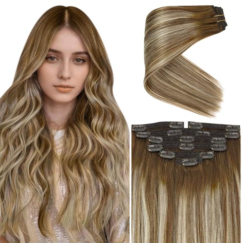 Ve Sunny Balayage Clip in Hair Extensions Real Human Hair Brown Blonde Clip in Extensions Balayage Chestnut Brown with Blonde Ombre Clip in Hair Extensions Human Hair 80g 5pcs 12Inch