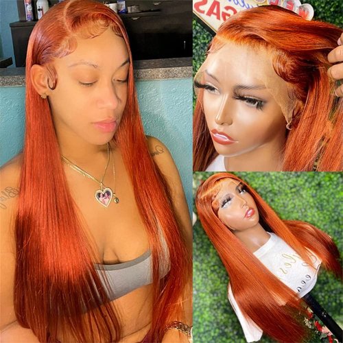 Orange Ginger Color 13x4 Invisible Lace Front Wigs Human Hair (16 Inch) Straight Brazilian Virgin Lace Front Human Hair Wigs 150% Density Pre Plucked with Natural Hairline (16 Inch, 13x4 Straight