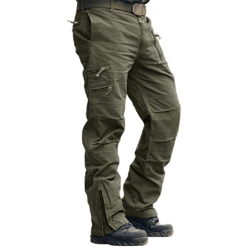 CRYSULLY Men Pants Fall Relaxed-fit Cotton Woodland Army Cargo Trousers Utility Combat Work Pants Green 32