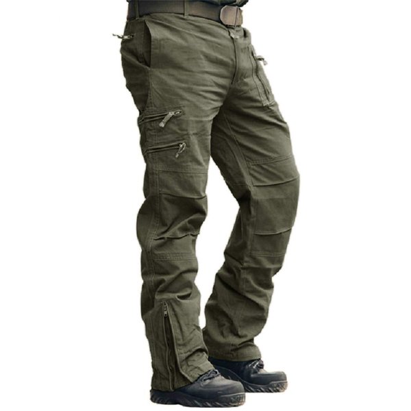 CRYSULLY Men Pants Fall Relaxed-fit Cotton Woodland Army Cargo Trousers Utility Combat Work Pants Green 32