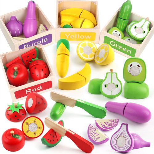 MerryPony 30 Pcs Wooden Play Food Sets for Kids Kitchen Accessories, Velcro Fruit and Veggies for Toddlers, Velcro Fruit Cutting Toys for Kids, Color Sorting Play Food Set, Play Food for Toddlers 1-3
