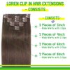 LORIEN Clip in Hair Extensions Real Human Hair, 24 Inch 120g, 4 Dark Brown, Clip in 100% Brazilian Remy Human Hair Extensions 8pcs Per Set with 18 Clips Double Weft