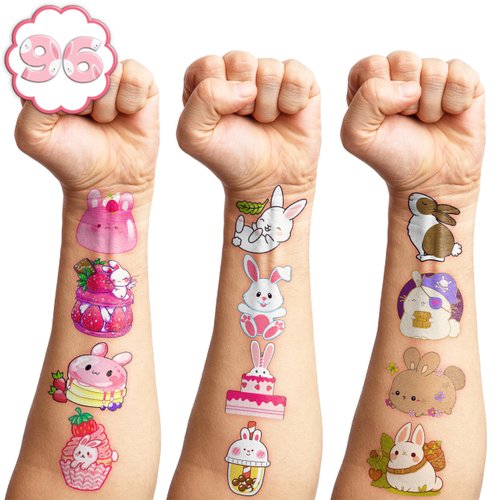 8 Sheets (96PCS) Bunny Tattoo Stickers Themed Birthday Party Supplies Decorations Favors Decor for Kids Girls Boys Gifts Classroom School Prizes Rewards