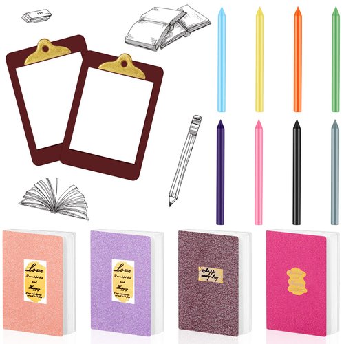 4 Pieces Miniature Book with 8 Pieces Miniature Pencil and 2 Pieces Miniature Clipboard Dollhouse Home Miniature Model DIY Decor Doll House School Accessories Coloring House Playset(Novel Style)