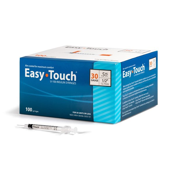 EasyTouch U-100 Insulin Syringe with Needle, 30G 0.5cc 1/2-Inch (12.7mm), Box of 100