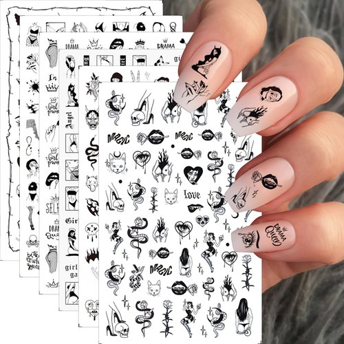 6 Sheets Sexy Girls Nail Art Stickers Black White Nail Decals Bad Girls Nail Supplies 3D Self Adhesive Snake Flower Ghost Designs Nail Stickers for Women Girls Sexy Acrylic Nails Manicure Decoration