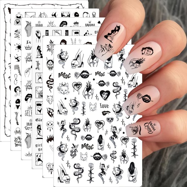 6 Sheets Sexy Girls Nail Art Stickers Black White Nail Decals Bad Girls Nail Supplies 3D Self Adhesive Snake Flower Ghost Designs Nail Stickers for Women Girls Sexy Acrylic Nails Manicure Decoration