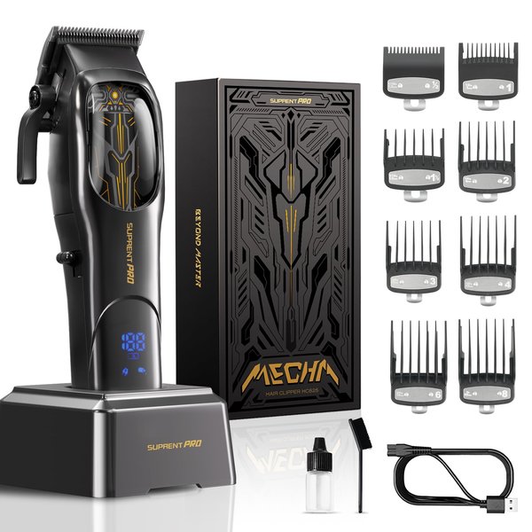 SUPRENT PRO Hair Clippers for Men Professional - High Torque Brushless Motor with Diamond-Like Carbon Coating Ceramic Blade, Mens Cordless Hair Clippers Set for Barbers with Charging Base (Black)