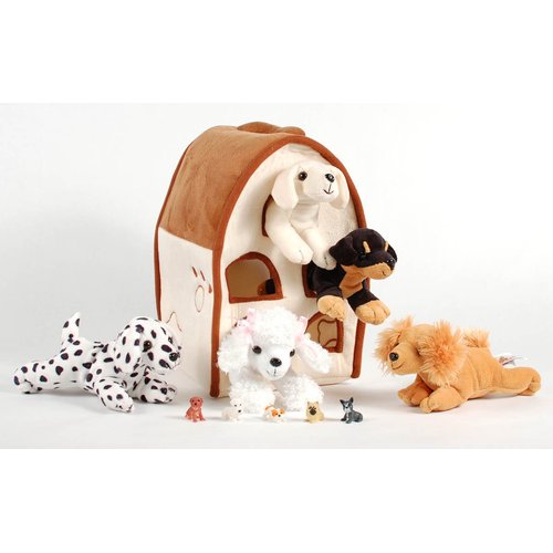 SFS Gift Bundle Unipak 12" Plush Dog House Carrying Case with 5 Stuffed Animal Dogs (Dalmatian, Yellow Labrador Retriever, Rottweiler, Poodle, and Cocker Spaniel) + 5 Cute Mini Puppy Figures