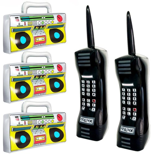 5 Pieces Inflatable Radio Boombox Inflatable Mobile Phone,Retro Mobile Phone for 80's 90's Party Decorations,Hip Hop Costume,Birthday Theme Party Photo