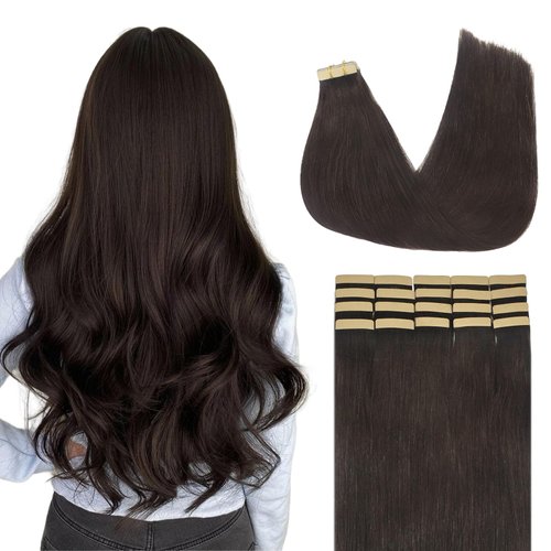 Lashey Tape in Hair Extensions Human Hair Straight Dark Brown Tape in Hair Extensions 14 Inch Nat...