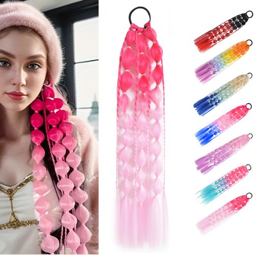 SHDanrtsey 20 Inch Colored Hair Extensions Colorful Bubble Ponytail Extensions Ombre Crazy Hair Day Accessories Colored hair extensions for kids (Peach red- Light pink)
