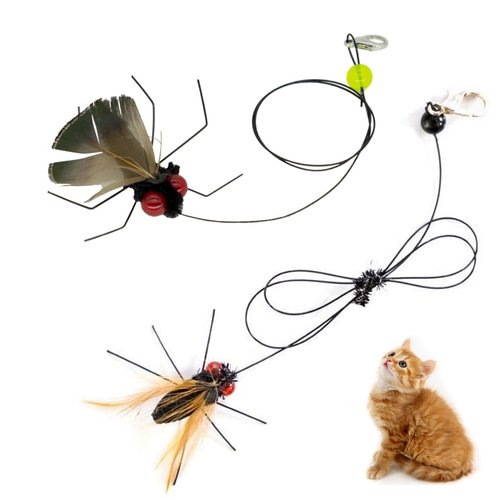 Vitisyao Cat Insect Feather Toys Replacement - 2 Pcs Handmade Natural Flies - Cat Toy Wand Refills - Interactive Kitten Teaser Wand Attachments - Cat Toys for Indoor Cats Play