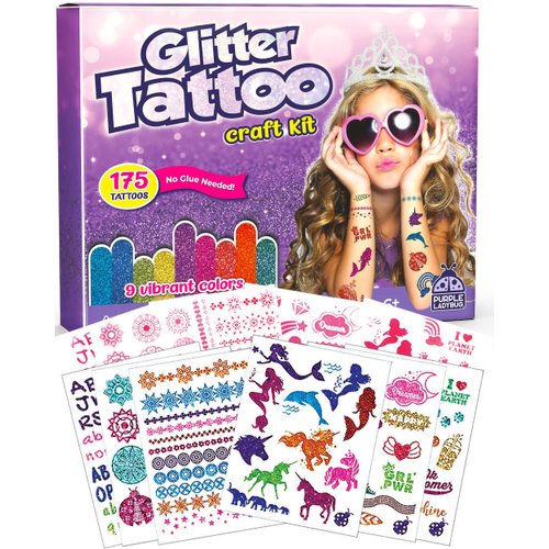 PURPLE LADYBUG Temporary Glitter Tattoo Kit - 175 No Mess Glitter Tattoos for Kids, Girls Birthday Gifts Age 8-10, Birthday Gift 6 7 8 9 10 year old Girls Sleepover Stuffs, Christmas Crafts for Kids