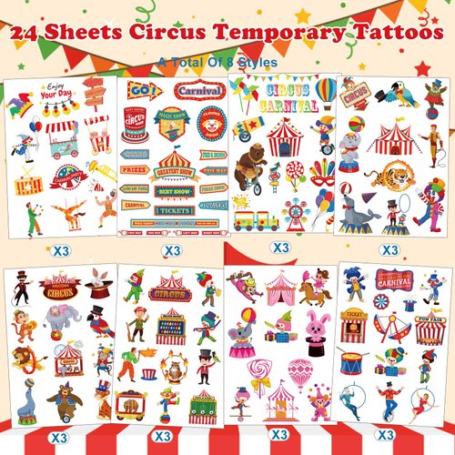 336Pcs(24 Sheets) Circus Temporary Tattoos for Kids - 112 Styles | Carnival Circus Fake Tattoo Stickers, Carnival Circus Theme Party Decorations Party Favors Goodie Bags Stuffers Party Supplies
