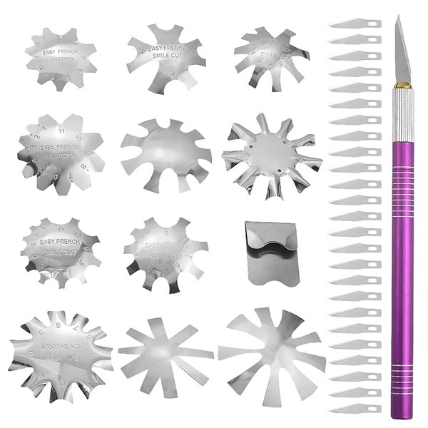 XINMEIWEN 12Pcs French Nail Trimmer Stainless Steel French Tip Cutters Smile Line Cutter DIY Plate Module with 1 Handles French Tip Cutting Knife and 25 Spare Knife for Acrylic Nail (Silver)