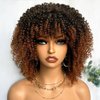SOKU Short Kinky Curly Full Wigs with Bangs 10 Inch Ombre Brown Curly Wigs for Black Women Non Lace Glueless Synthetic Wigs Heat Friendly Afro Bomb Curly Wig for Daily Wearing
