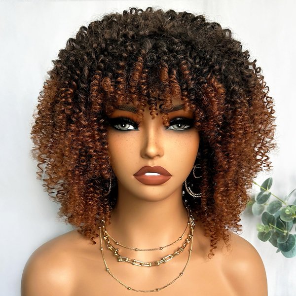 SOKU Short Kinky Curly Full Wigs with Bangs 10 Inch Ombre Brown Curly Wigs for Black Women Non Lace Glueless Synthetic Wigs Heat Friendly Afro Bomb Curly Wig for Daily Wearing