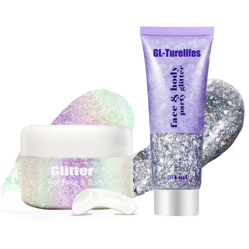 2 PCS White Body Glitter Set, Holographic Body Glitter Fine Glitter 50ml+Sparkling Mermaid Chunky Face Glitter 50ml for Face Eye Lip Body Hair and Nail (Fine White+Chunky Silver)