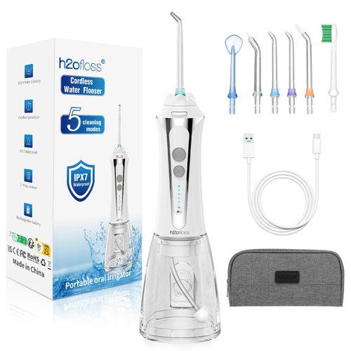 H2ofloss Water Dental Flosser Cordless, 300ML Rechargeable Oral Irrigator for Teeth Cleaning, Portable & IPX7 Waterproof Teeth Cleaner Pick for Braces Home Travel