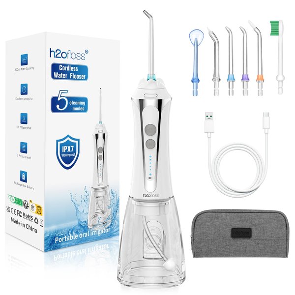 H2ofloss Water Dental Flosser Cordless, 300ML Rechargeable Oral Irrigator for Teeth Cleaning, Portable & IPX7 Waterproof Teeth Cleaner Pick for Braces Home Travel