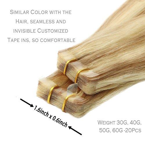 Tape in Hair Extensions Remy Human Hair Ombre Color Golden Brown Highlights Bleach Blonde Invisible Skin Wef 16inch 60g 20 Pieces Staight Tape ins for Fashion Women (16Inch #12p613 60g)