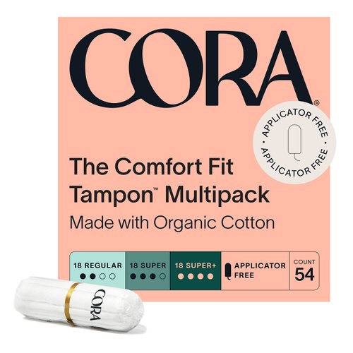 Cora 100% Organic Cotton Non-Applicator Tampons | Ultra-Absorbent, Unscented, Natural, Non-Toxic, Applicator Free | Eco-Conscious (54 R/S/S+ Tampons)