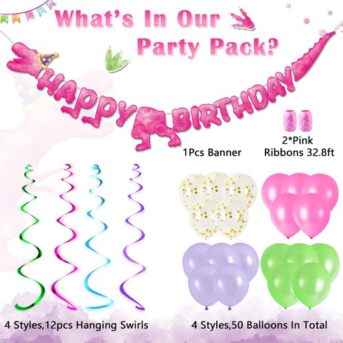 WERNNSAI Watercolor Dinosaur Party Supplies - 65 Pcs Pink Dino Theme Birthday Party with Happy Birthday Banner Hanging Swirls Balloons Ribbons Set for Kids Girls Jurassic World Party Birthday Supplies