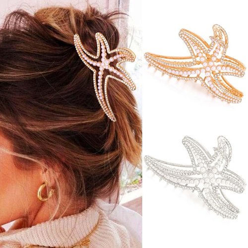 Fashey Starfish Hair Claw Clips Pearl Claw Clip 2 Pcs Gold Metal Hair Clips Rhinestone Hair Accessories for Women
