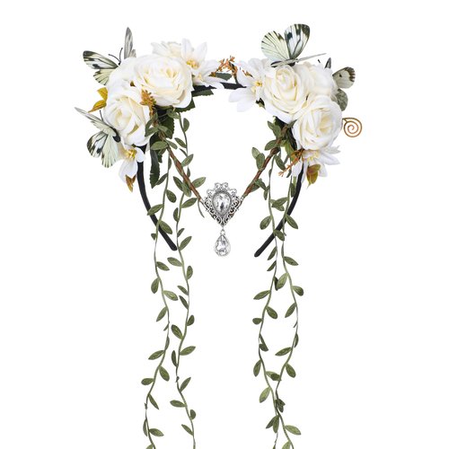 MOSTORY White Fairy Flower Crown - Elf Vine Headpiece Floral Headband with Butterfly Fairy Costume for Women Renaissance White Wedding Party Cosplay Renfaire Halloween