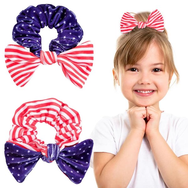 2PCS Independence Day Hair Ties Bow Knotted Hair Elastic Bands Patriotic Ponytail Scrunchies Head Bands American Flag Star Design Blue Red White Stars Hair Accessories for Women Girls