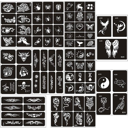 Jurxy 10 Sheets Tattoo Stencil Kit Temporary Tattoo Templates Body Art Designs Self-Adhesive Reusable Tattoo Stickers Kit - Various Patterns for Adults Man Women Kids Teenager - N1