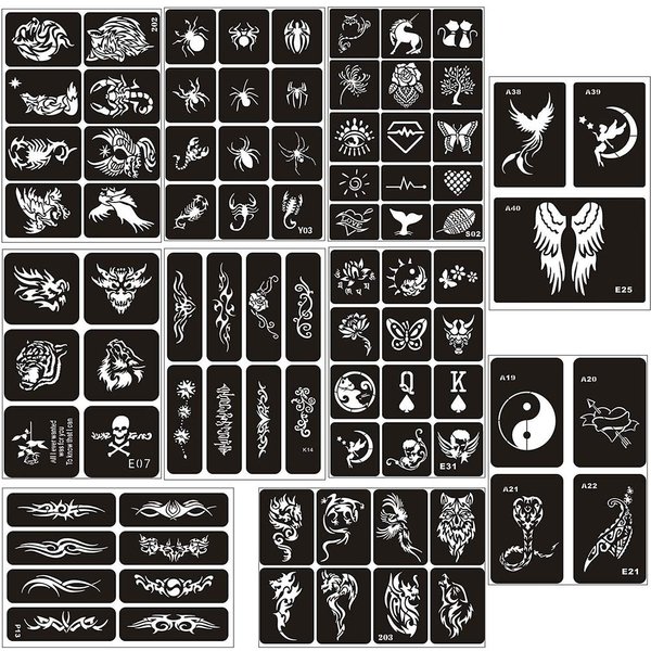 Jurxy 10 Sheets Tattoo Stencil Kit Temporary Tattoo Templates Body Art Designs Self-Adhesive Reusable Tattoo Stickers Kit - Various Patterns for Adults Man Women Kids Teenager - N1