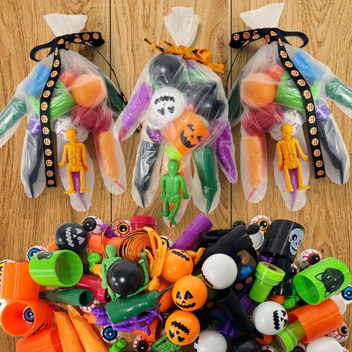 Jremreo 12-Set Halloween Gloves Stuffed Toys Bulk with Eyeballs, Finger, Skull Heads, Stretchy Skeleton, Hoops, Ribbon, Stamp etc - Total 98 Pcs, Goodie Bag Fillers, Trick-or-Treat, Party Favors