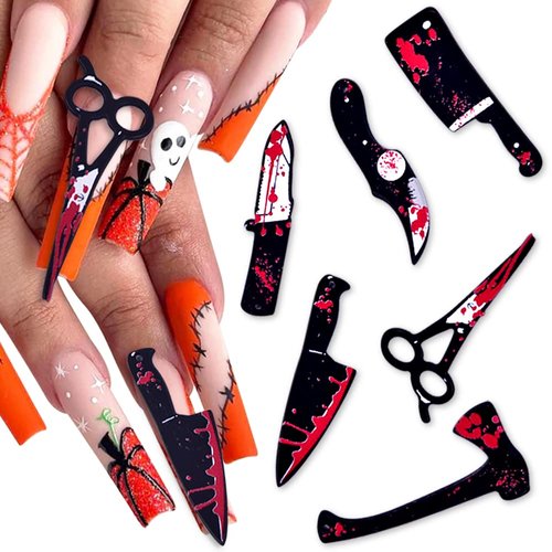 Halloween Nail Charms, Horror Blood Knife Scissors Axe Halloween Charms for Nails 3D Nail Art Charms Accessories Acrylic Weapon Charms for Jewelry Making DIY Nail Decoration Supplies, 6pcs/set