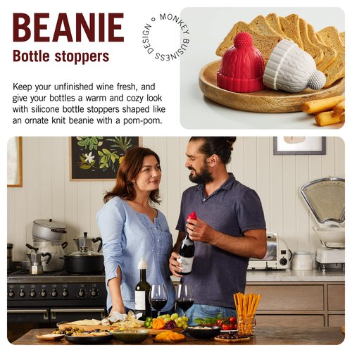 Monkey Business Beanie Wine Stopper | 2 Wine Stoppers in 1 Pack | Cute Wine Accessories | Fun Kitchen Gadgets | Wine Stoppers for Wine Bottles | Knit-Beanie-Shaped Wine Bottle Stopper w/a Pom-Pom