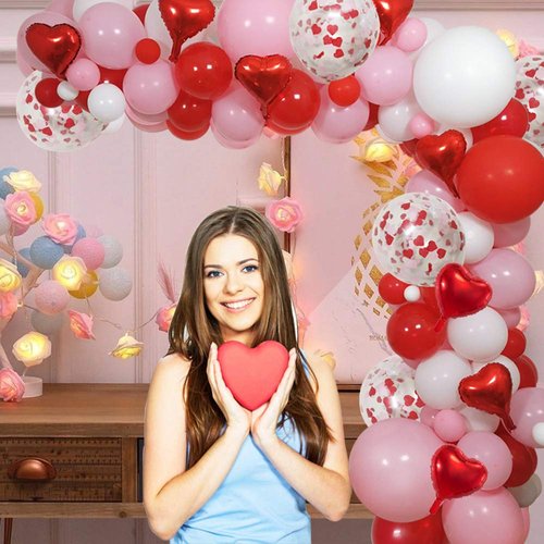 Valentines Day Party Balloons Arch and Garland, 110 PCS Valentines Color Red Pink White Balloons 18" 12" 5" Red Heart Mylar Balloons for Valentines Wedding Engagement Party Supplies1