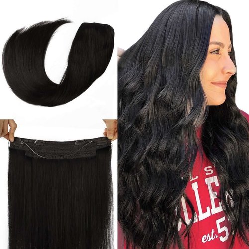 TIVBOES Wire Hair Extensions 14 inch 75g Natural Black Straight Remy Hair Extensions with Invisible Fish Wire Hair Extensions Real Human Hair