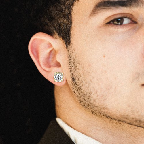 Hayoso 18K Gold Plated Halo Stud Earrings 925 Sterling Silver Cubic Zirconia, Round Square Diamonique Stud Earrings Set for Women Men - Gold