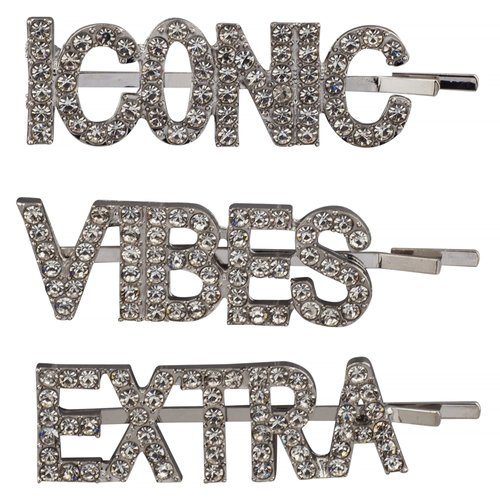 Lux Accessories Set (3pc) ICONIC VIBES EXTRA Words Clear Crystal Rhinestones Silver Tone Hair Pins