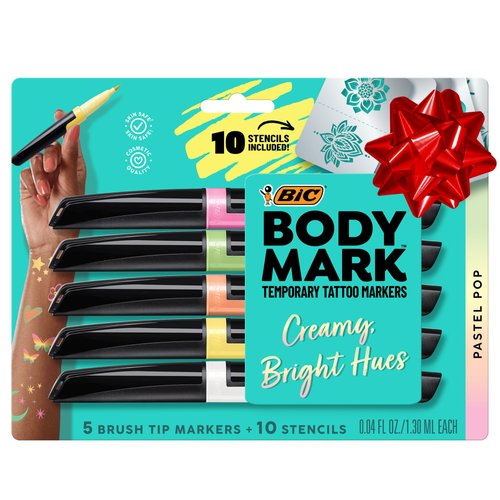 BIC BodyMark Body Art Markers, Pastel Pop, Flexible Brush Tip, 5-Count Pack of Assorted Colors, Skin-Safe, Cosmetic Quality