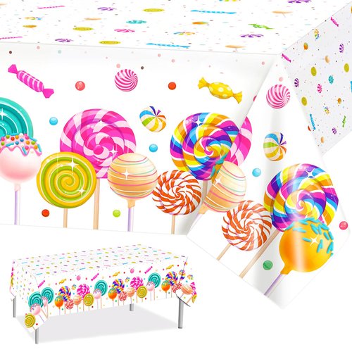 PHOGARY Sweet Candyland Tablecloth, 6 Pack Candies Theme Plastic Table Cover, Two Sweet Birthday Table Cloths Colorful Lollipop Tablecovers for Girls Party Candy Land Party Decoration - 51" x 87"