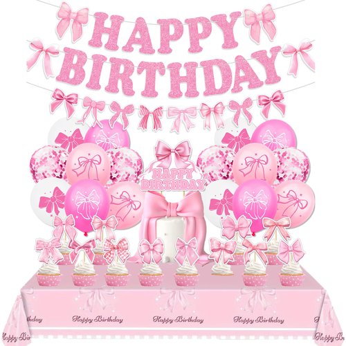 Pink Bow Birthday Party Decorations, Girls Birthday Decorations, Includes Tablecover, Glitter Bow Happy Birthday Banner Garland, Latex Balloon, Cake Topper&Cupcake Topper for Bridal Bow Party Supplies