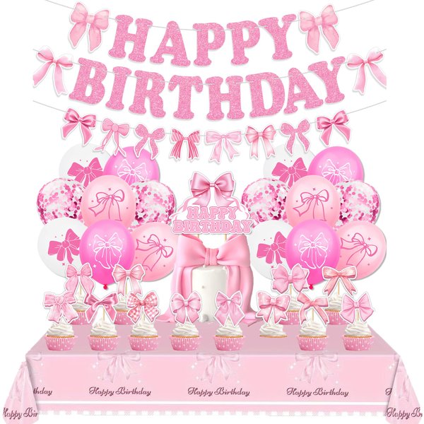 Pink Bow Birthday Party Decorations, Girls Birthday Decorations, Includes Tablecover, Glitter Bow Happy Birthday Banner Garland, Latex Balloon, Cake Topper&Cupcake Topper for Bridal Bow Party Supplies